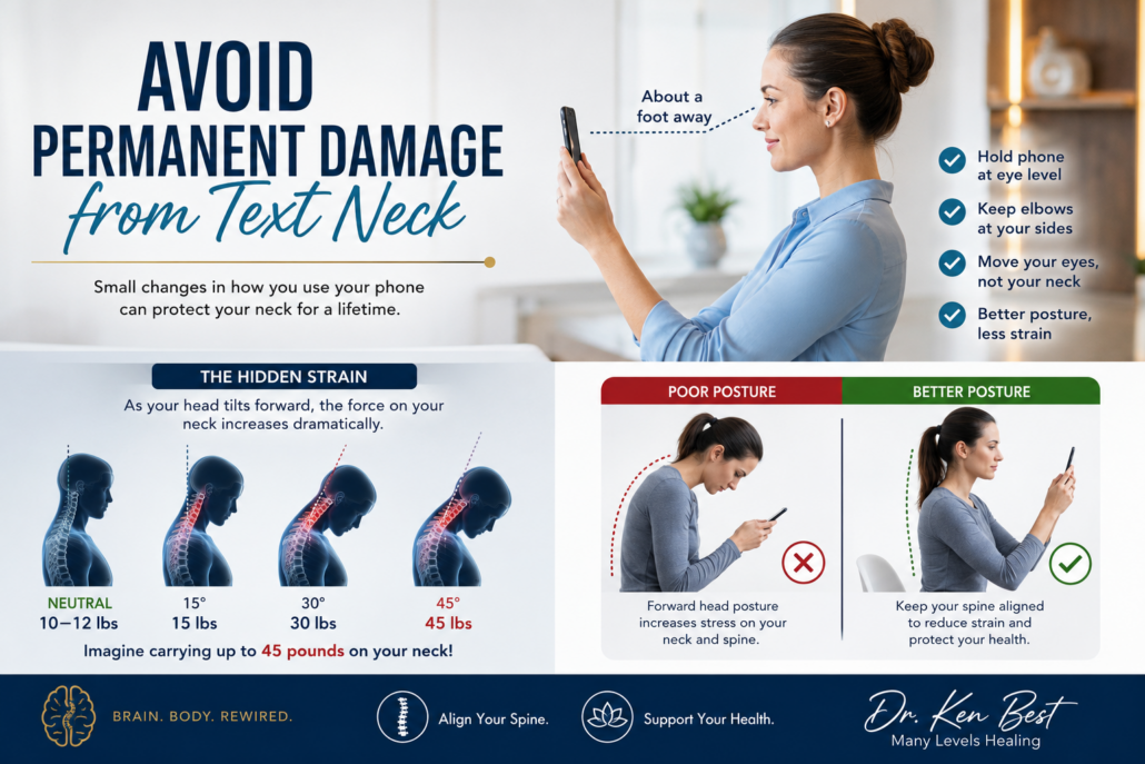 Text neck posture demonstration by Los Angeles chiropractor Dr. Ken Best showing proper smartphone posture to help reduce neck pain