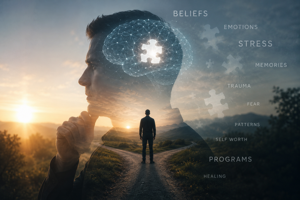 Conceptual illustration representing subconscious beliefs, neuroplasticity, psychoneuroimmunology, chronic stress, and healing during Dr. Ken Best's Stage IV prostate cancer journey.