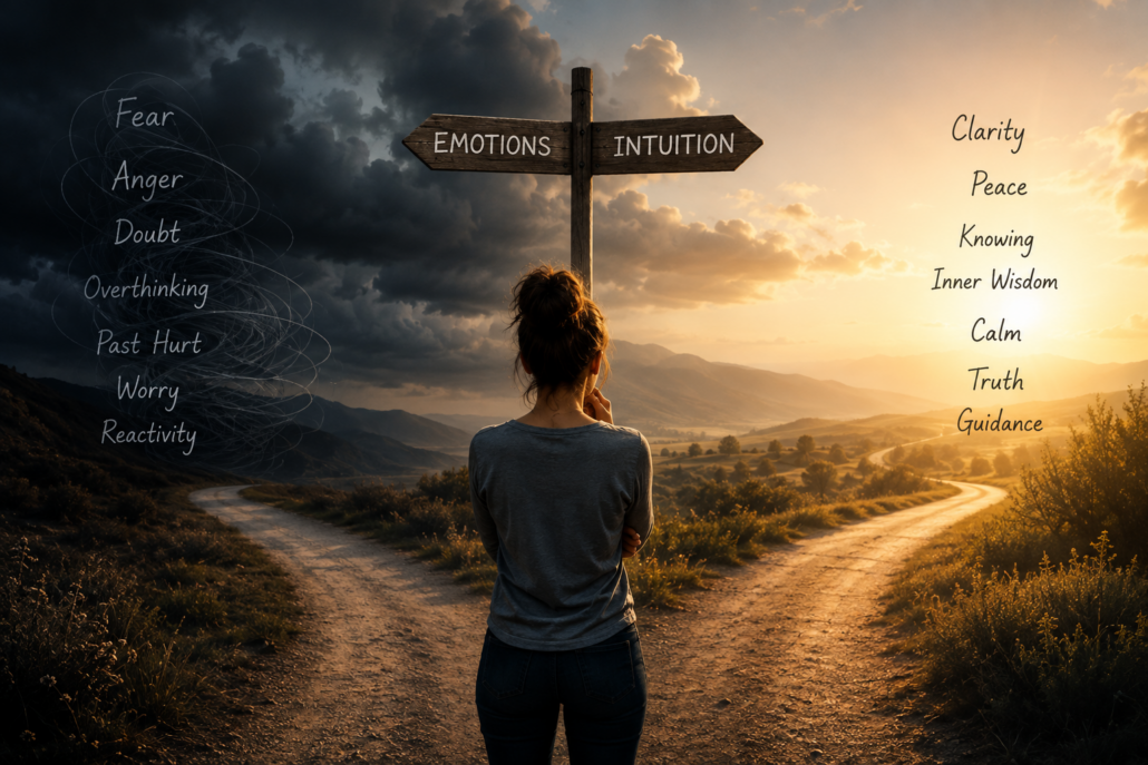 Person standing at a crossroads representing intuition versus emotions, subconscious beliefs, limiting beliefs, neuroplasticity, gut instinct, emotional healing, and inner guidance.
